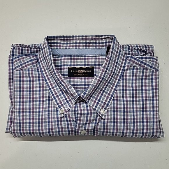 Club Room Regular Fit Men's Long Sleeve Button Down Shirt Sz 18 36-37 Blue Plaid - Picture 1 of 13